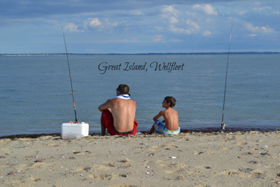Great Island, Welfleet: A man and a boy sit on the beach beside their fishing poles looking out at ocean.